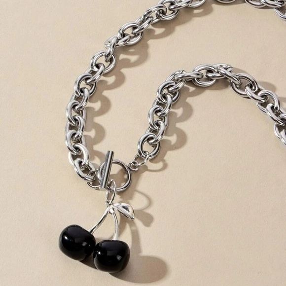 Y2K Gothic Halloween Black Cherry Silver Tone Chain Link Choker Necklace - Picture 2 of 8